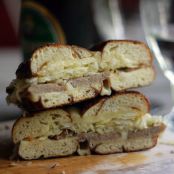 Bratwurst, Sauerkraut, and Muenster Cheese Grilled Cheese on Soft Pretzel