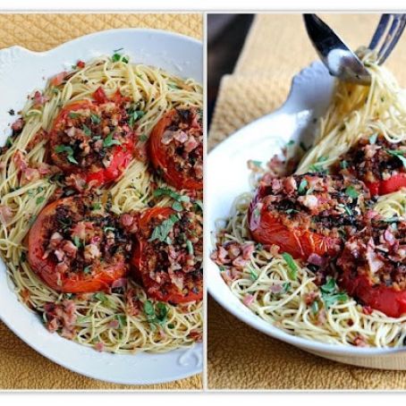Spaghetti with Roasted Tomatoes, Garlic, Pancetta
