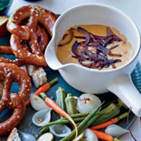 Gouda, Pancetta and Onion Fondue with Pretzels