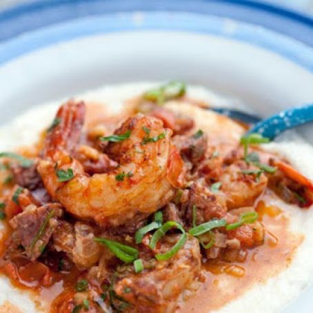 Smothered Shrimp, Andouille Sausage, and Grits