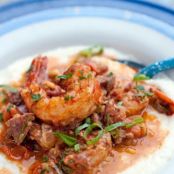 Smothered Shrimp, Andouille Sausage, and Grits