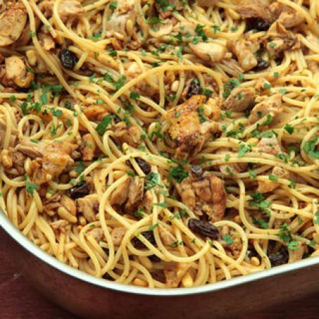 Pasta with Roasted Chicken, Raisins, Pine Nuts, and Parsley Recipe