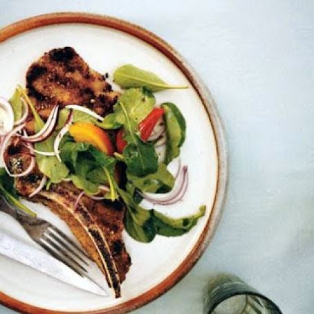 VEAL CHOPS w/ARUGULA & BASIL SALAD