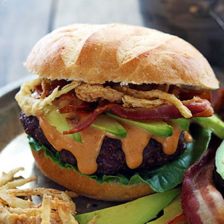 Western Bacon Burgers with BBQ Mayo and Crispy Onion Straws