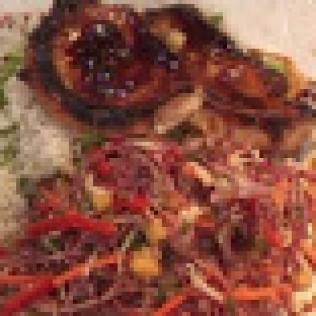 Hoisin Pork Chops with Cabbage, Pineapple, and Macadamia Nut Slaw