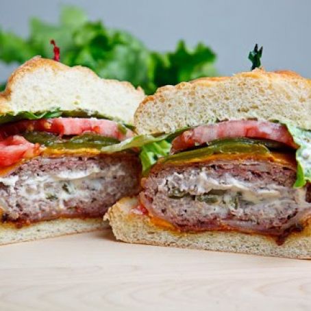 Cheese Covered, Bacon Wrapped Jalapeno Popper Burgers with Roasted Jalapeno Mayonnaise