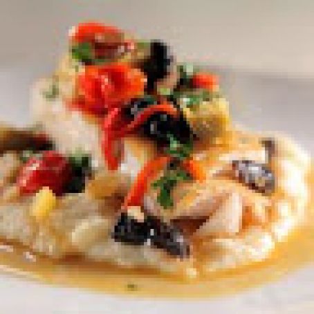 Cod Pan Seared with Celery Root Puree and Artichoke Olive Sauce