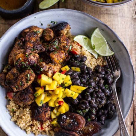 Cuban Chicken and Black Bean Quinoa Bowls with Fried Chili Spiced Bananas + Spicy Mangos