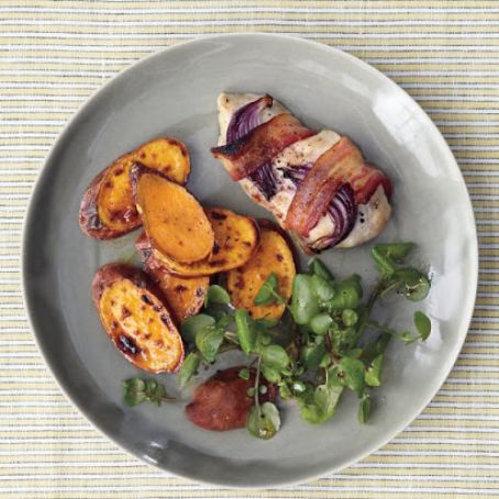 Broiled Bacon-Wrapped Chicken with Sweet Potatoes and Watercress