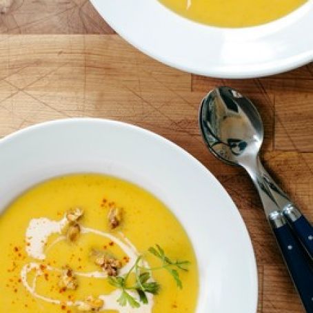 Winter Root Vegetable Potage With Crème Fraiche & Honey Crisped Walnuts