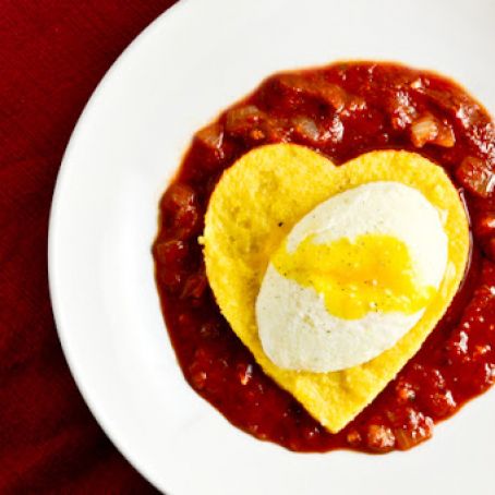 Polenta Hearts and Poached Eggs in Tomato Sauce
