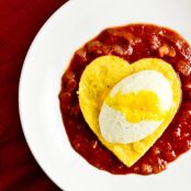 Polenta Hearts and Poached Eggs in Tomato Sauce