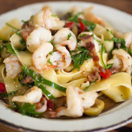 Papperdelle with Olives, Pancetta and Prawns