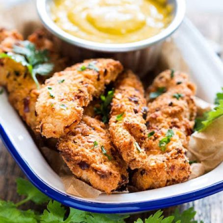 baked coconut chicken tenders with mango mustard sauce