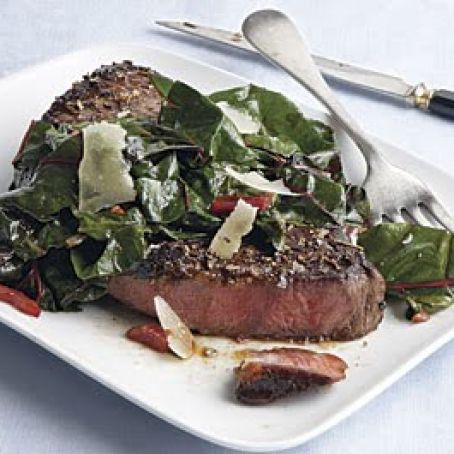 Sirloin Steaks with Garlicky Swiss Chard