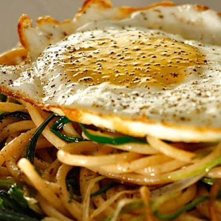 Whole Wheat Spaghetti with Green Garlic and Fried Egg