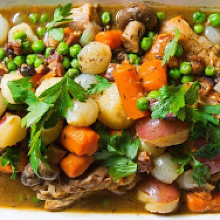 Braised Chicken with Potatoes, Carrots, Mushrooms and Peas