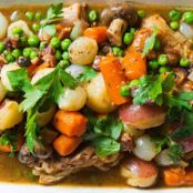 Braised Chicken with Potatoes, Carrots, Mushrooms and Peas