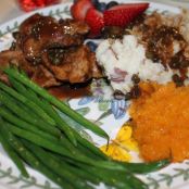 Glazed Pork Tenderloin, Squash, Mashed Potatoes, Green Beans, Strawberries and Blackberries