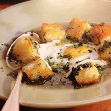 Bread Soup with Cilantro, Garlic, and Egg (Acorda a Alentejana)