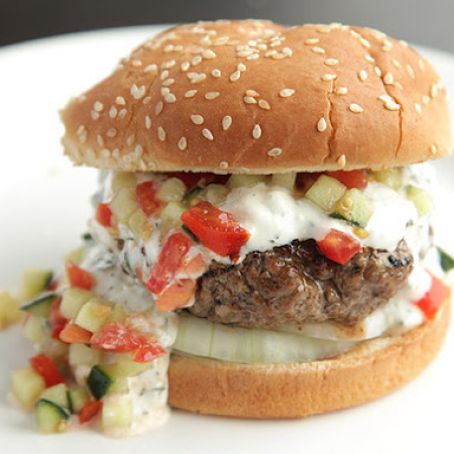 Burgers with Creamy Feta Sauce and Tomato-Cucumber Relish Recipe