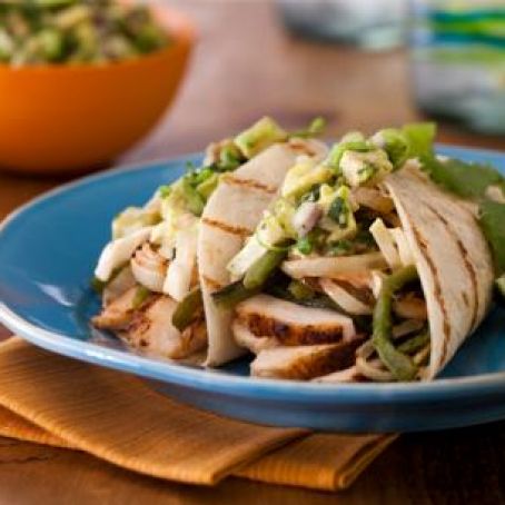 Spice-Rubbed Chicken Breast Tacos with Grilled Poblanos, BBQ Onions and Coleslaw