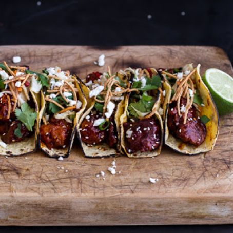 Korean Fried Chicken Tacos with Sweet Slaw, Crunchy Noodles + Queso Fresco
