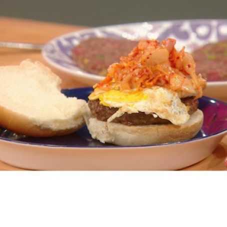 Mimi Chang's Kalbi Burger with Kimchee Slaw and Fried Egg