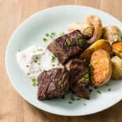 Pan-Seared Steak Tips with Roasted Potatoes and Horseradish Cream