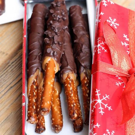 Caramel and Chocolate Dipped Pretzel Rods