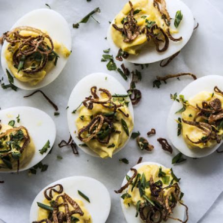 Deviled Eggs with Crispy Shallot Gremolata
