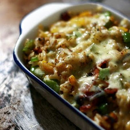Baked Rice with Mushrooms, Peppers, Turkey Bacon and Cheese