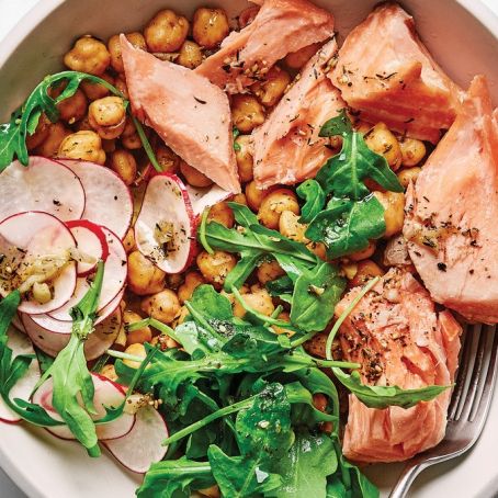 Crispy-Skin Seared Salmon, Marinated Chickpeas, & Summer Vegetables with Lemon-Tahini Dressing