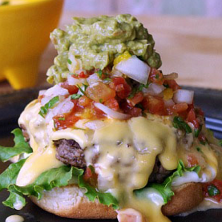 Mango Pico de Gallo Burger with Habanero Cheese Sauce and Guacamole | Dixie Chik Cooks