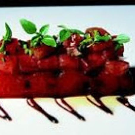 Grilled Watermelon With Tomato, Pistachio and Reduced Cabernet Sauvignon Vinegar
