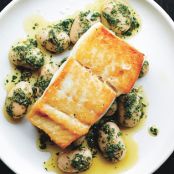PAN-ROASTED HALIBUT WITH HERBED CORONA BEANS