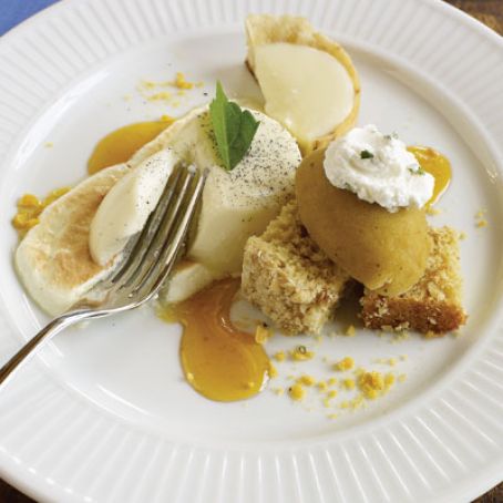 LEMON GRASS PANNA COTTA WITH YUZU CURD TART, LIME MERINGUE, COCONUT CAKE AND GRILLED PINEAPPLE SORBET