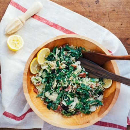 Shaved Brussels Sprout Salad with Bacon, Meyer Lemon, and Tart Dried Cherries