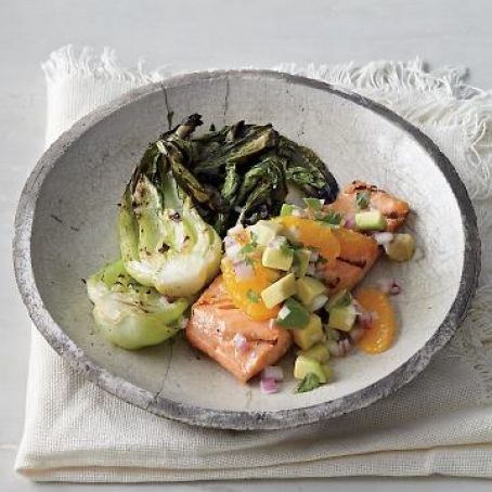 Grilled Salmon and Bok Choy with Orange-Avocado Salsa