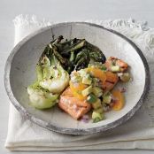 Grilled Salmon and Bok Choy with Orange-Avocado Salsa