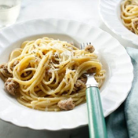 Spaghetti with Sausage Carbonara Style