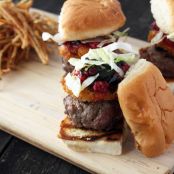 Beef Sliders with Fried Goat Cheese, Smashed Raspberries, and Balsamic