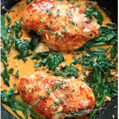 PAPRIKA CHICKEN & SPINACH WITH WHITE WINE BUTTER THYME SAUCE