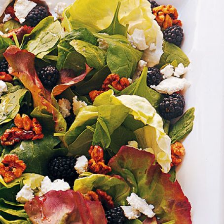 Mixed Greens Salad with Sugared Walnuts, Blackberries, and Feta