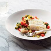 Olive Oil-Poached Hake on Sautéed Zucchini with Tomatoes