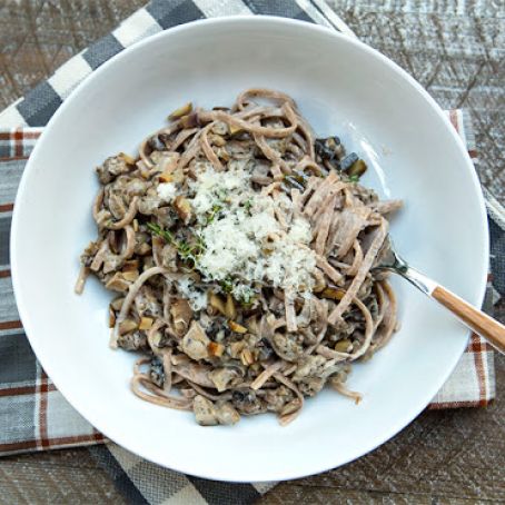 Farro Pasta With In A Creamy Thyme Sauce With Mushrooms & Sausage