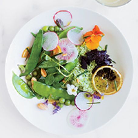 Herbed Pea Puree and Ricotta Salad with Black Garlic and Lemon Confiture