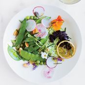 Herbed Pea Puree and Ricotta Salad with Black Garlic and Lemon Confiture