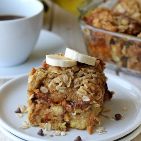 Banana and Chocolate Chip Baked French Toast with Oatmeal Crumble