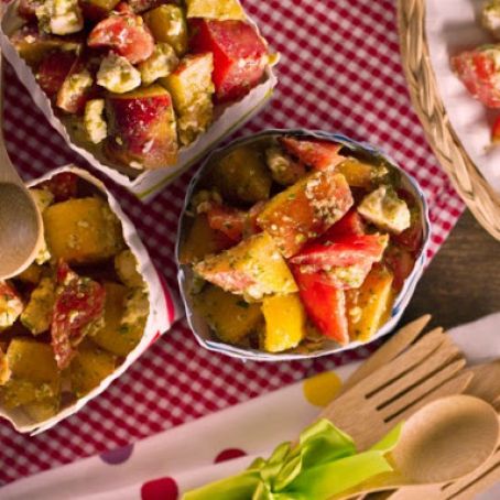 Peach Salad with Tomatoes, Feta and Basil Vinaigrette